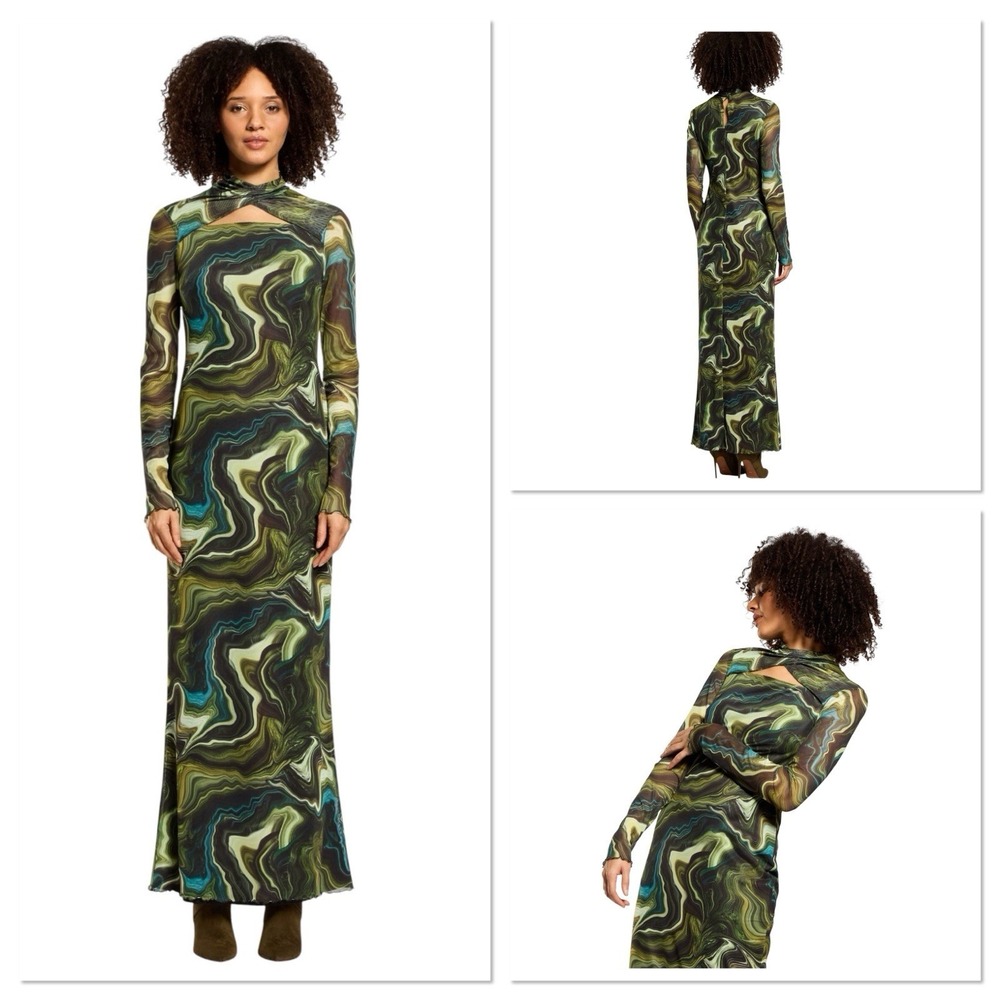 Daska Nasira Maxi‎ Dress Green Abstract Line Long Sleeve Bodycon XS Keyhole Neck